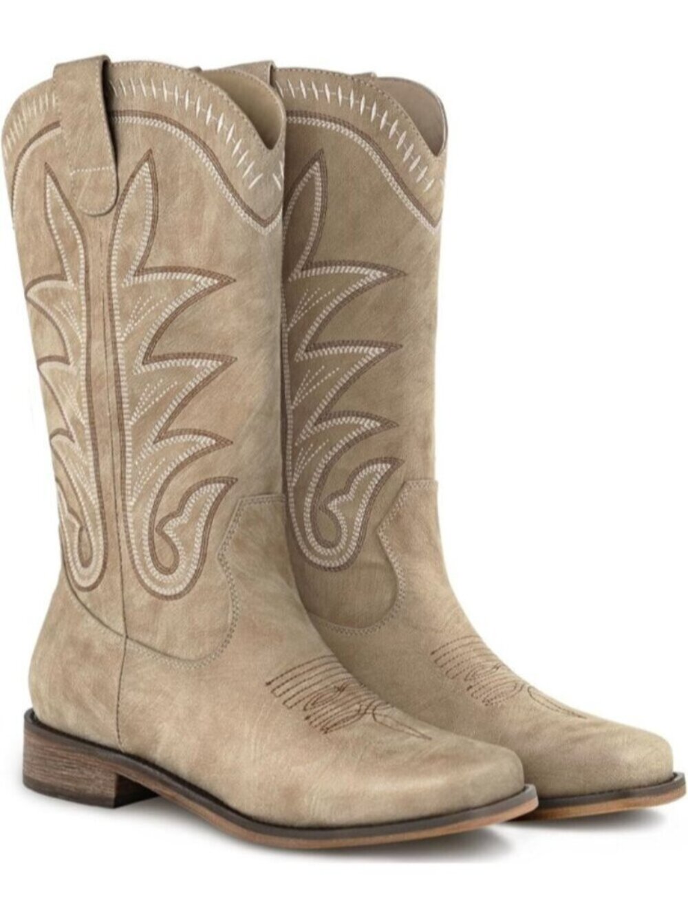 Women's Beige Square Toe Mid Calf Chunky Heel Classic Fall Western Cowgirl Boots - Picture 7 of 7